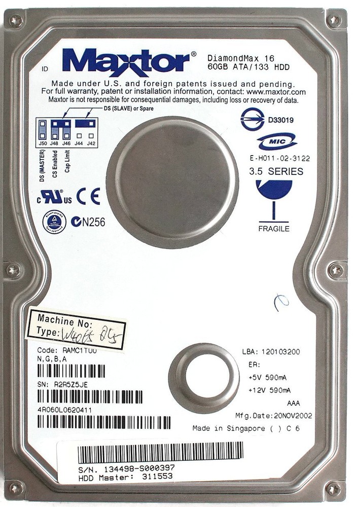 60GB MAXTOR, CODE RAMC1T00,N,G,B,A,DIAMONDMAX 16