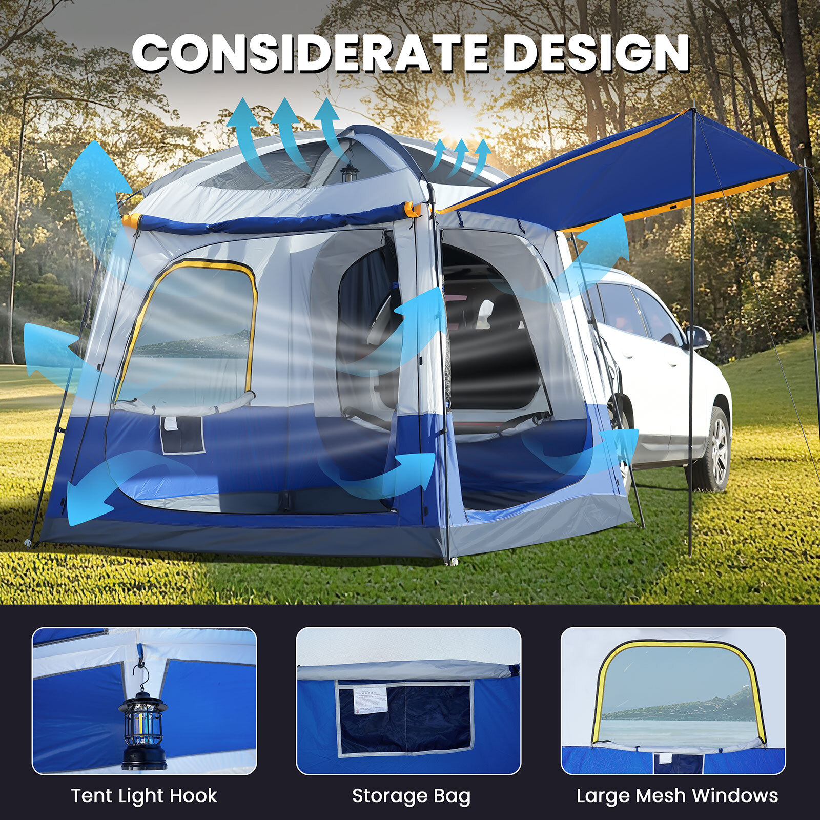 NAIZEA SUV Tent for Camping, 6-Person Car Tent 8.2'*8.2'*87in(H) With 2 Porchs