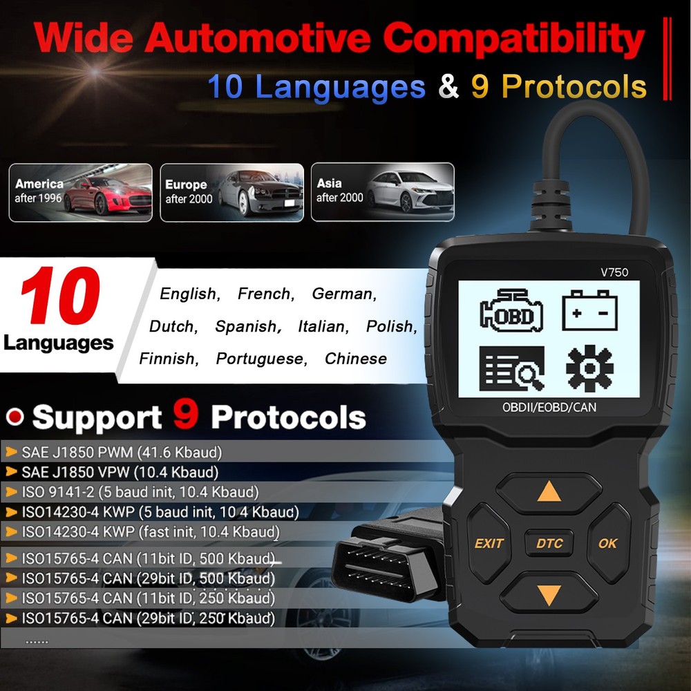iKiKin V750 OBD2 Code Reader OBD Scanner Engine Diagnostic Tool for 12V Car