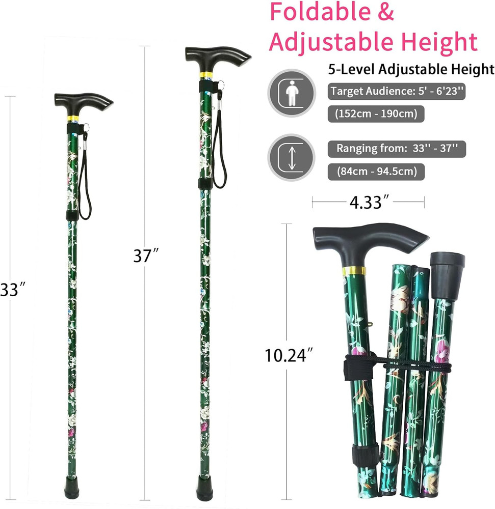 Folding Cane, 5-Level Adjustable Height Lightweight Portable Foldable Walking Ca