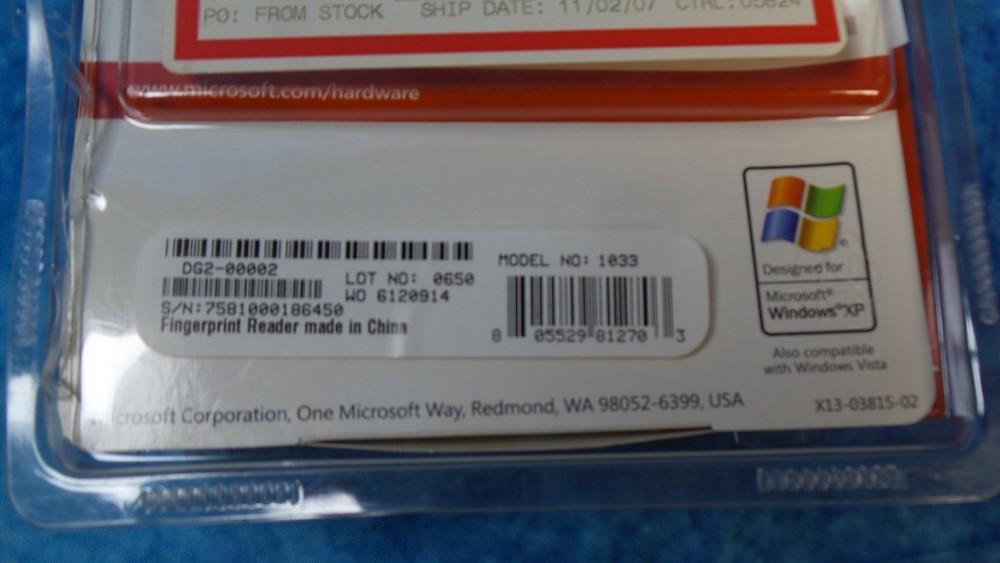 Microsoft Fingerprint Reader USB Port PC Computer Security Model 1033 Windows