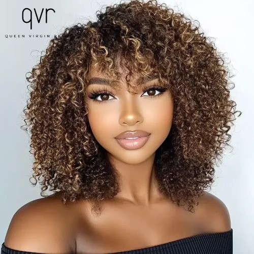 Indian Curly Human Hair Wigs Full Machine Made for Women Short Bob with Bangs