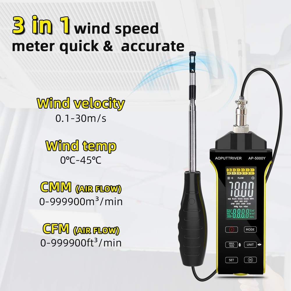 CFM/CMM/CMS Thermo-anemometer Wind Speed Air Volume Meter & Temperature Testing