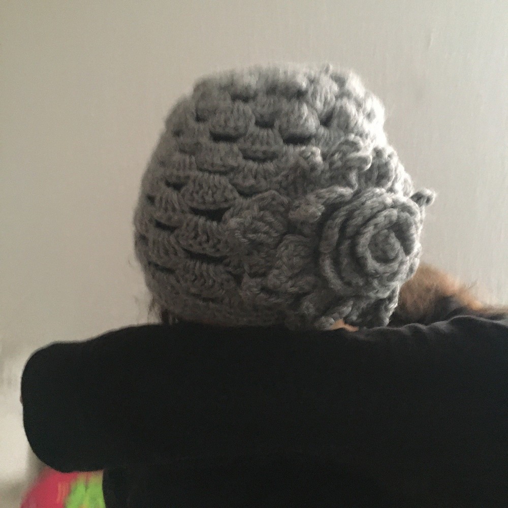 grey hand-crocheted hat suits all heads