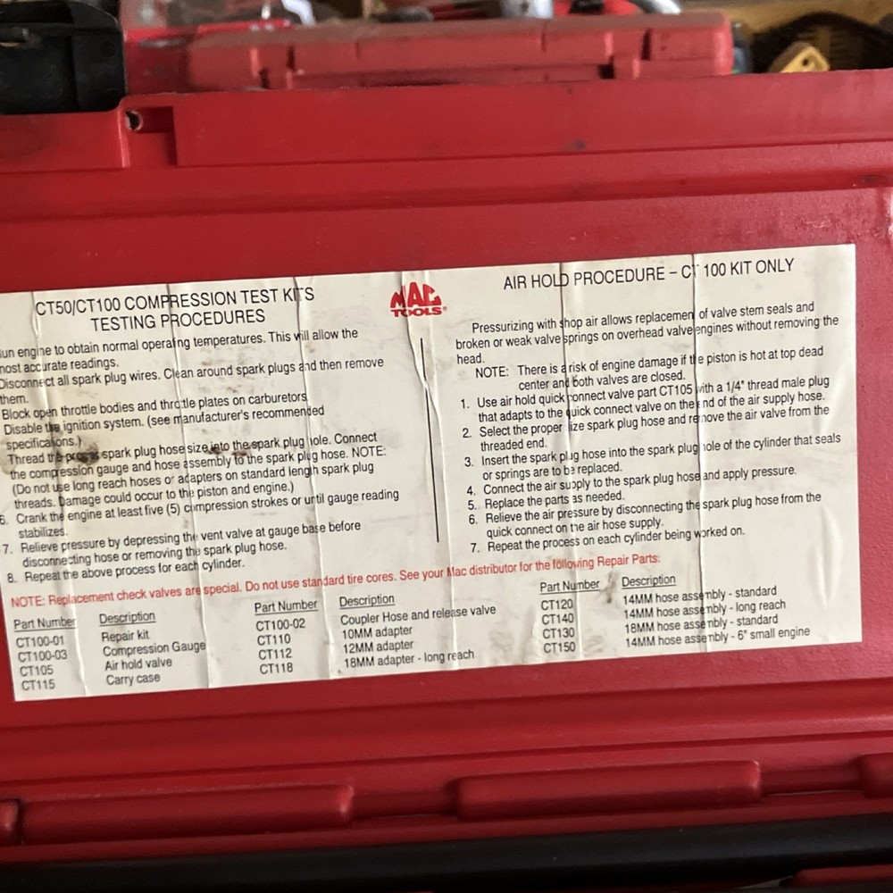 Mac Tools Engine Compression Test Kit for CT100/CT50 with Case Made in USA