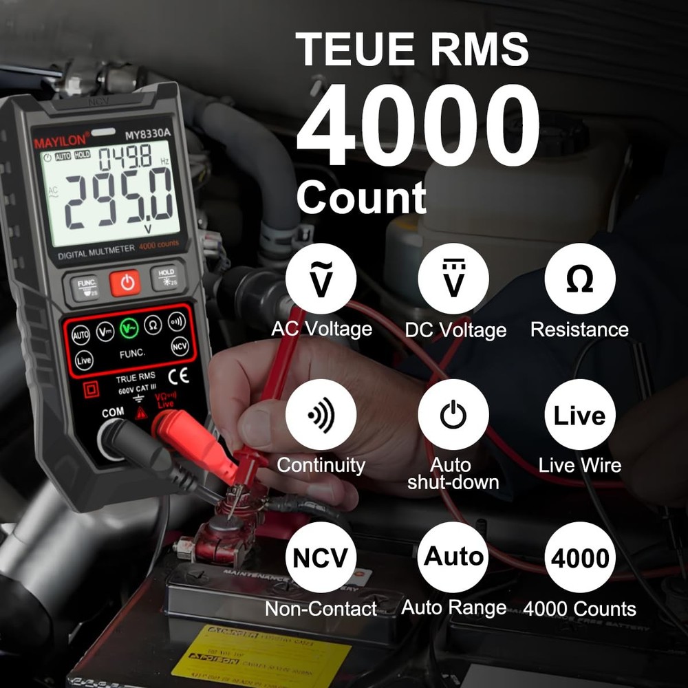 Digital Multimeter TRMS 4000 Counts DC AC Voltage MY8300A, black
