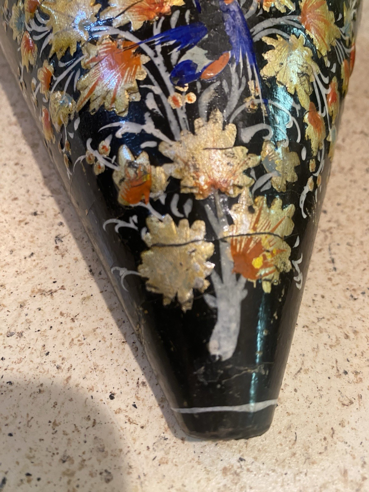 Set Of VINTAGE ASIAN CHINOESERIE BLACK LACQUER WALL POCKETS Orange Florals Birds