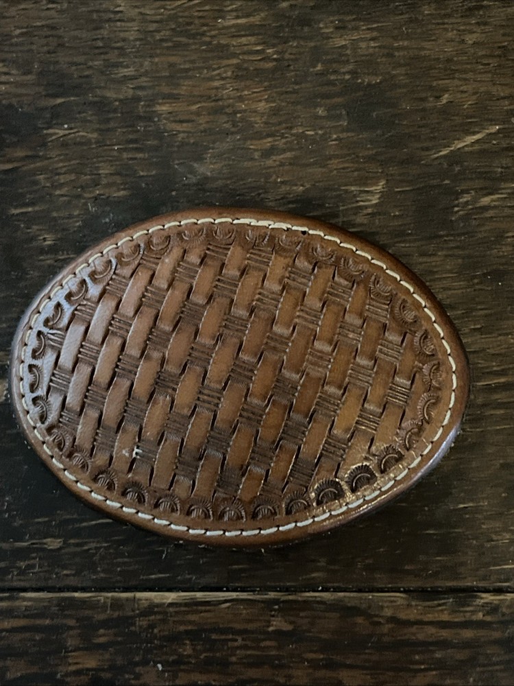 Hand Tooled Leather Basket Weave Oval Belt Buckle