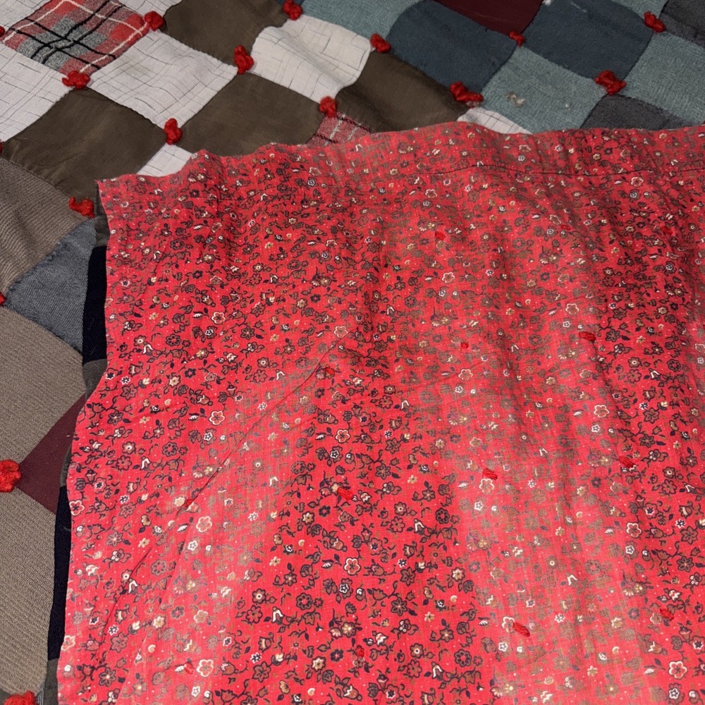 Vintage Patchwork Block, Quilt, Red Yarn Ties some Damage 80x68
