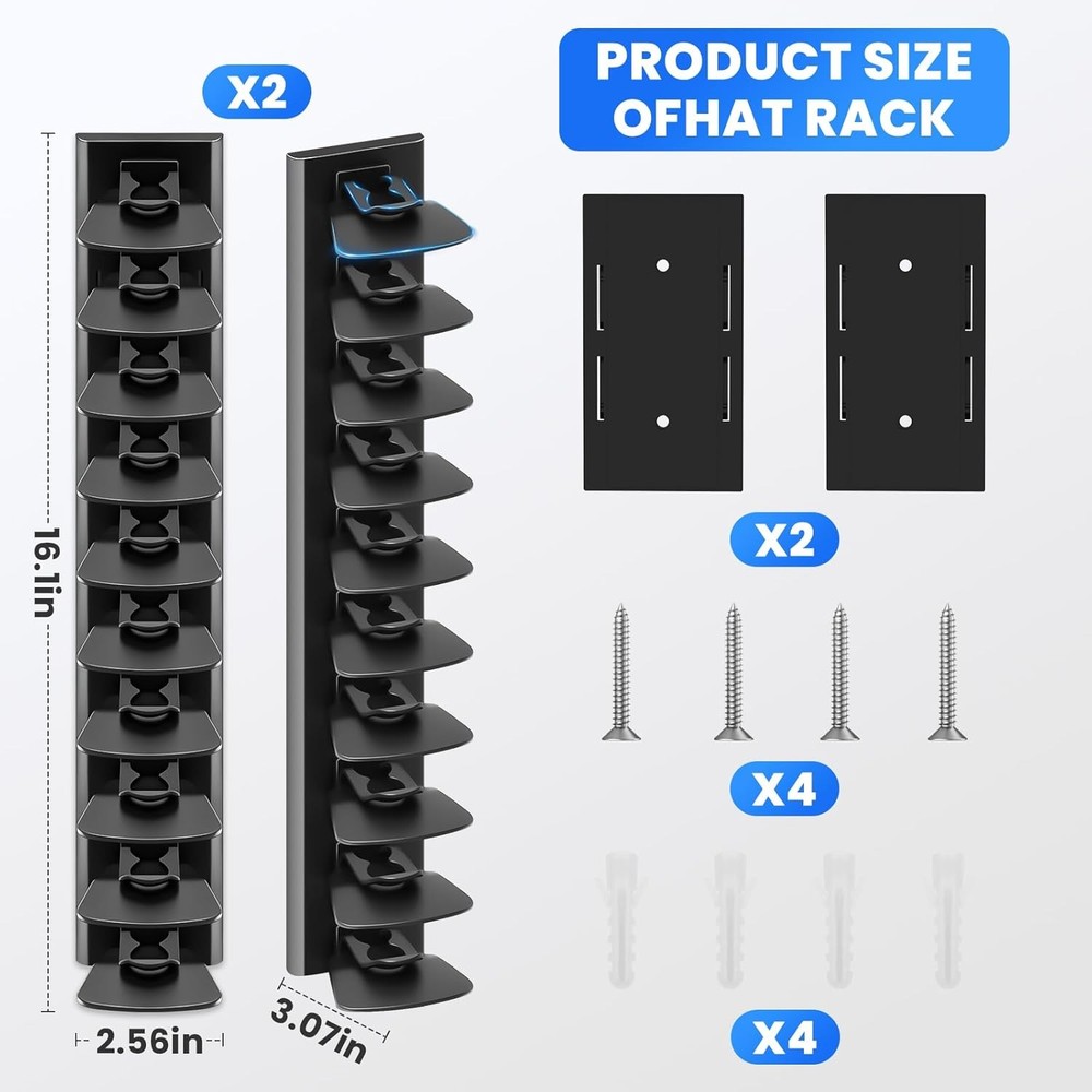 Baseball Cap Storage Rack Wall Mounted - 2-Pack - Holds 40 Caps, Space-Saving St