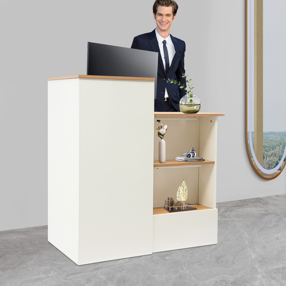 Modern Reception Desk with LED Lights, Office Front Counter & Storage