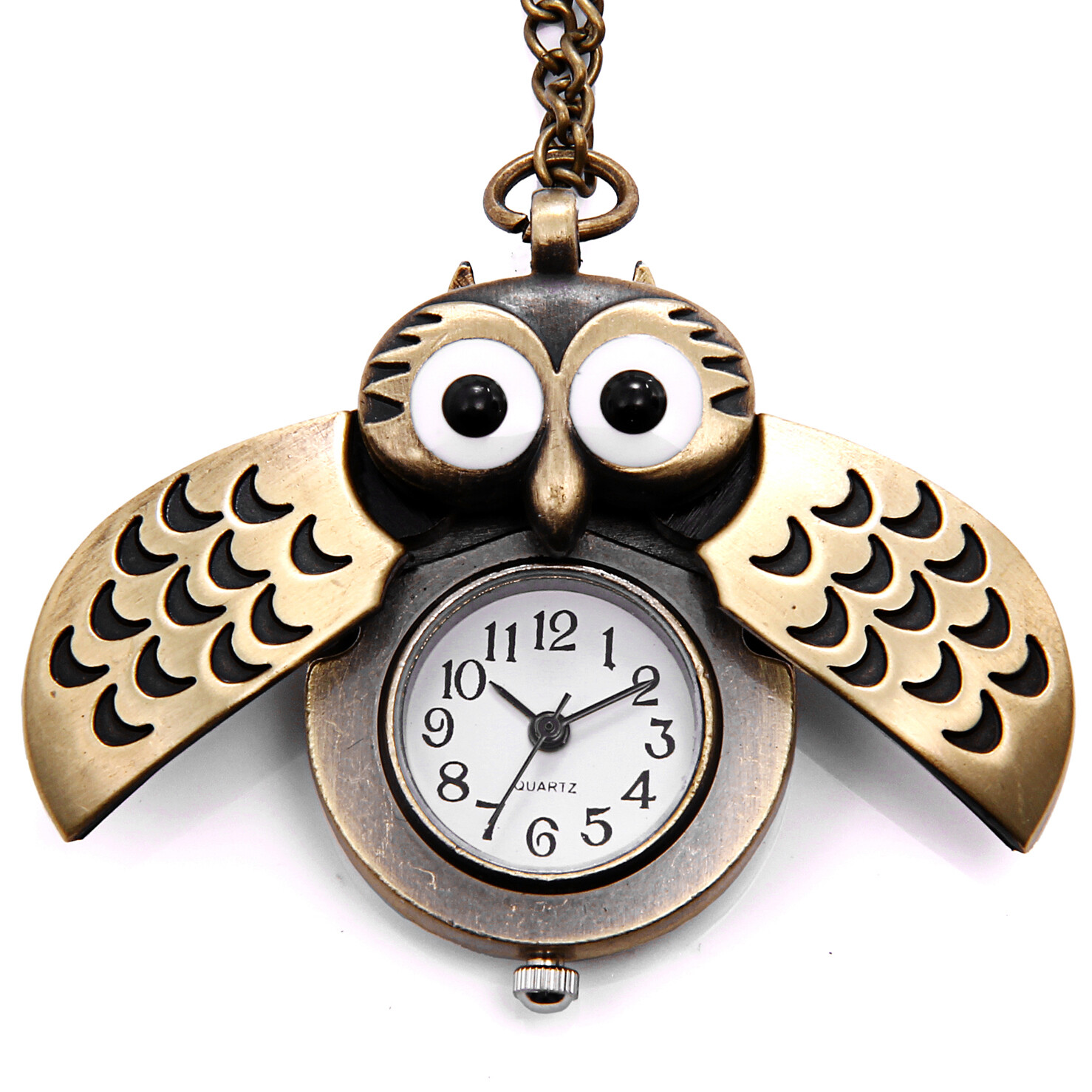 Vintage Retro Owl Wings Bronze Tone Open Face Pocket Watch Pendant Necklace