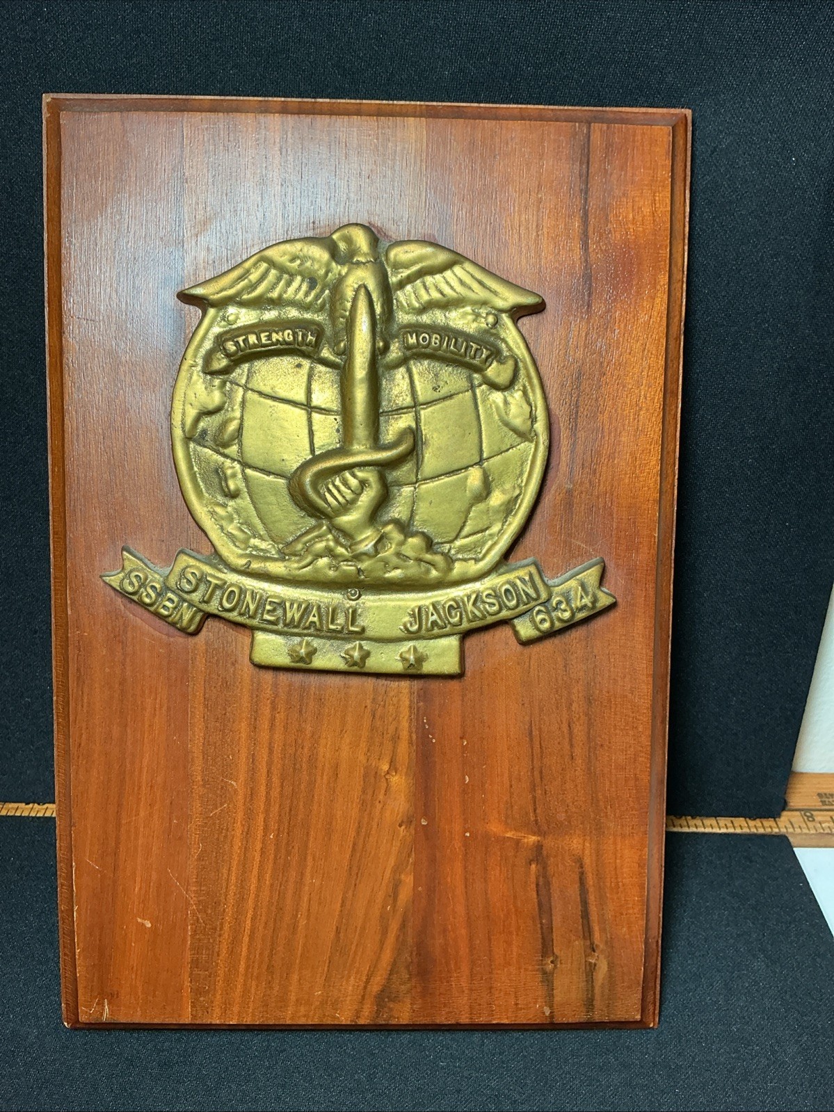 Vintage USS Stonewall Jackson SSBN-634 Brass Submarine Plaque US Navy Wood Mount
