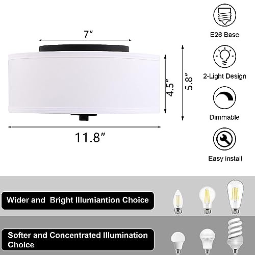 2-Light Flush Mount Ceiling Light Fixture, 12” Modern Close to Ceiling White