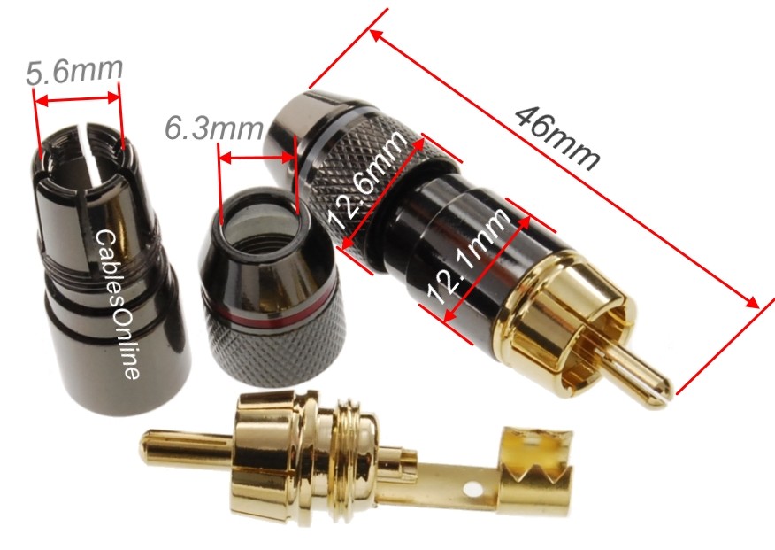 2-Pack RCA Solder Type Gold Plated Metal 6mm/OD Connectors, CN-R02RW