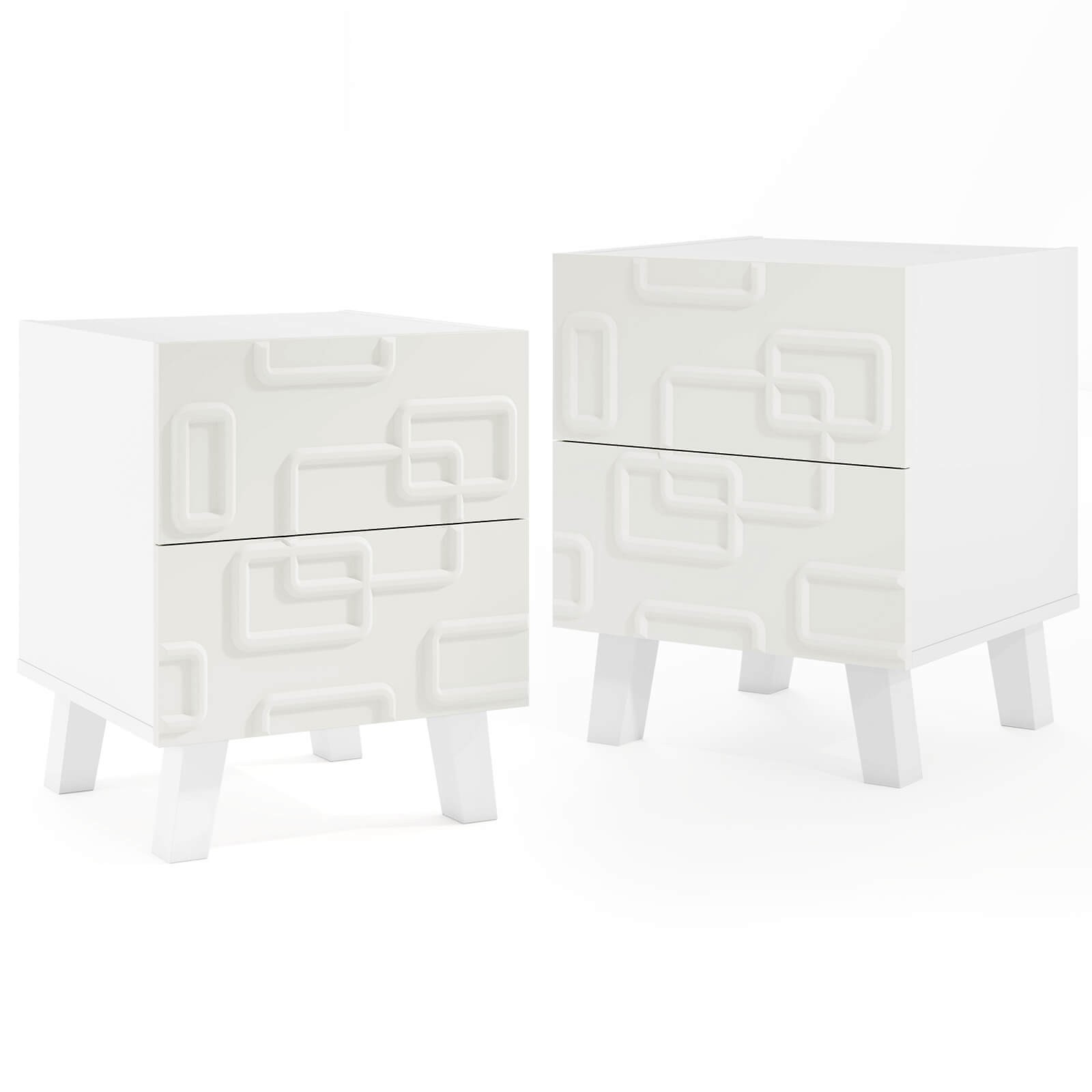 2PCS Mid Century Modern Bedside Table w/2 Storage Drawers 3D Geometric Patterns