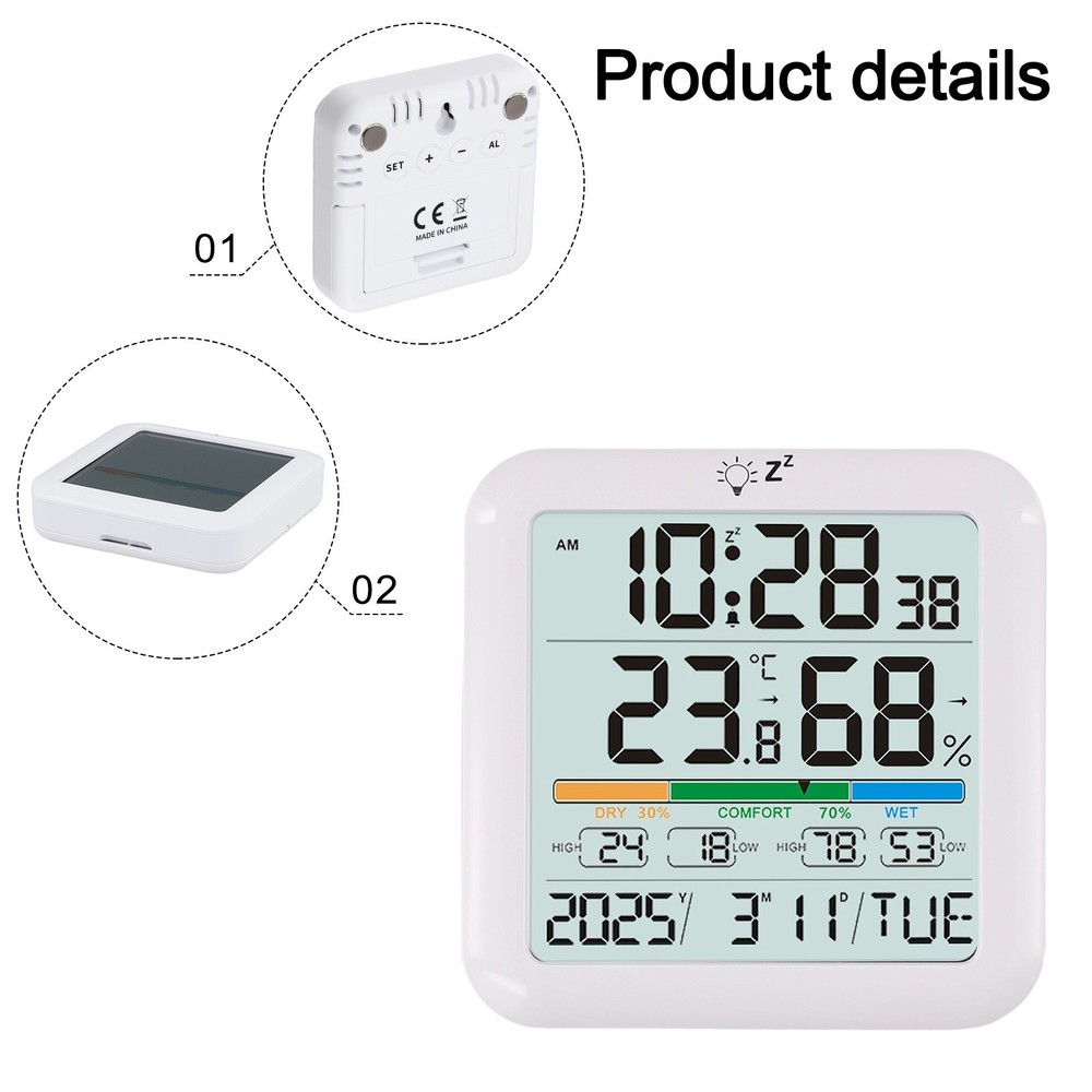 Indoor Thermometer Backlit Display Home Decor Alarm Function Battery Powered