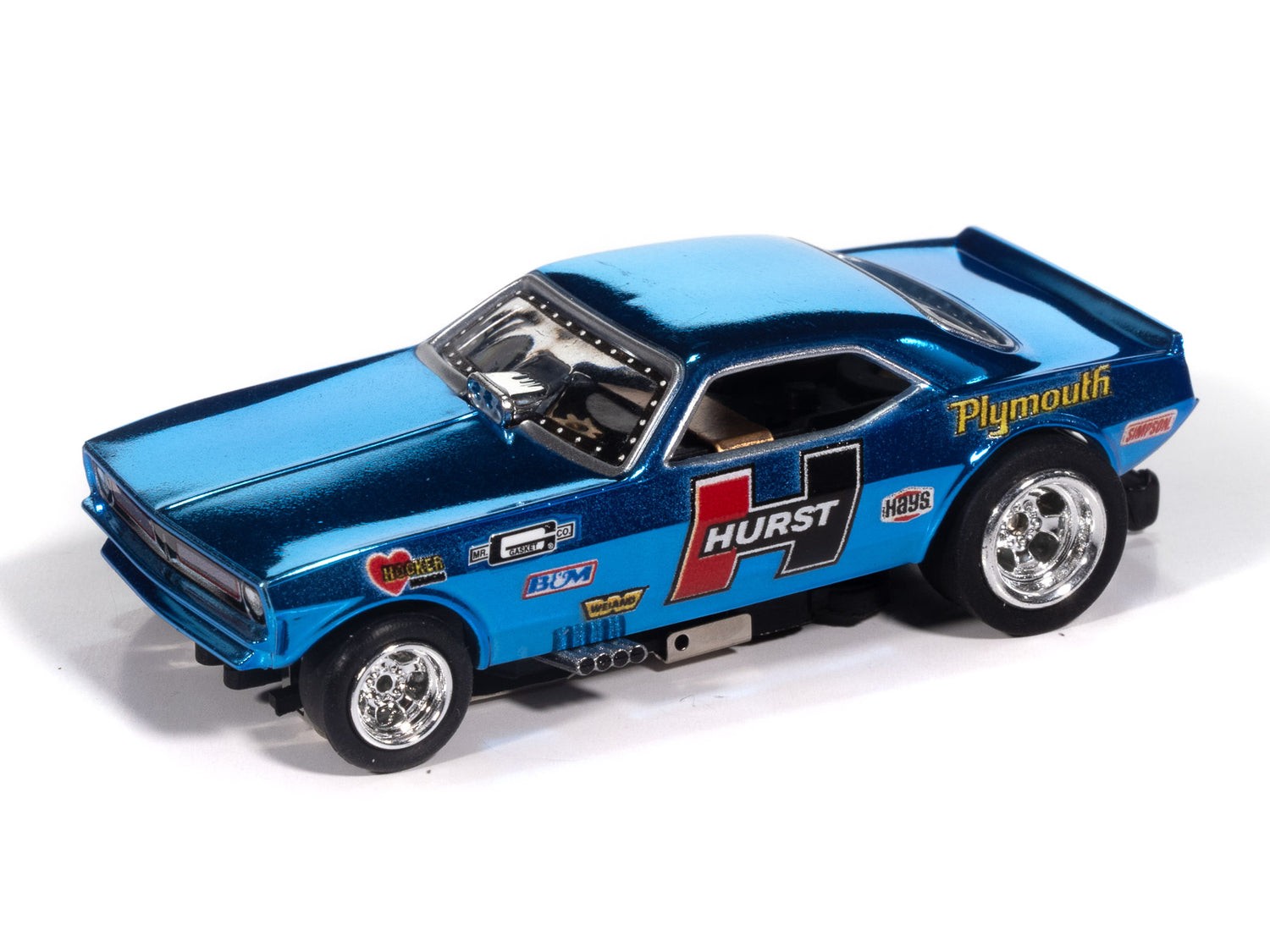 Auto World 4Gear 1970 Plymouth Barracuda Drag Hurst Shifters Blue HO Slot Car