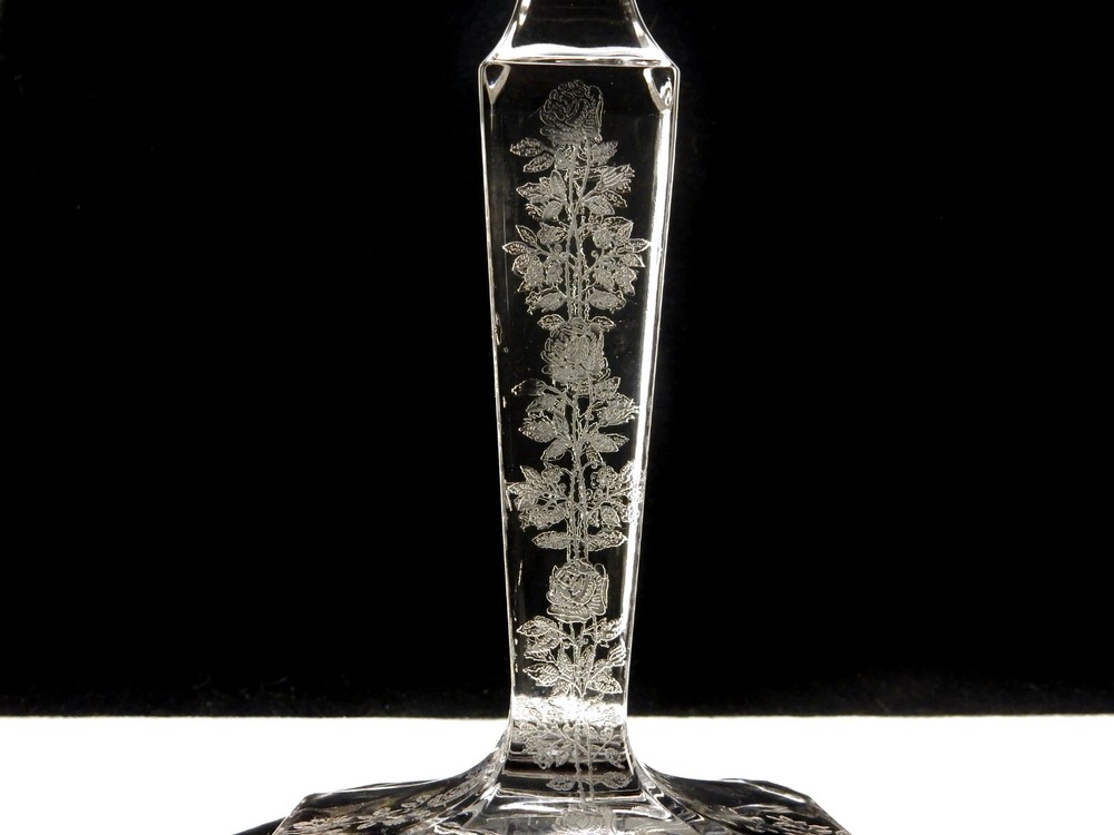 Vintage Etched Glass Square Candlestick, Tapered Column, Rose Pattern