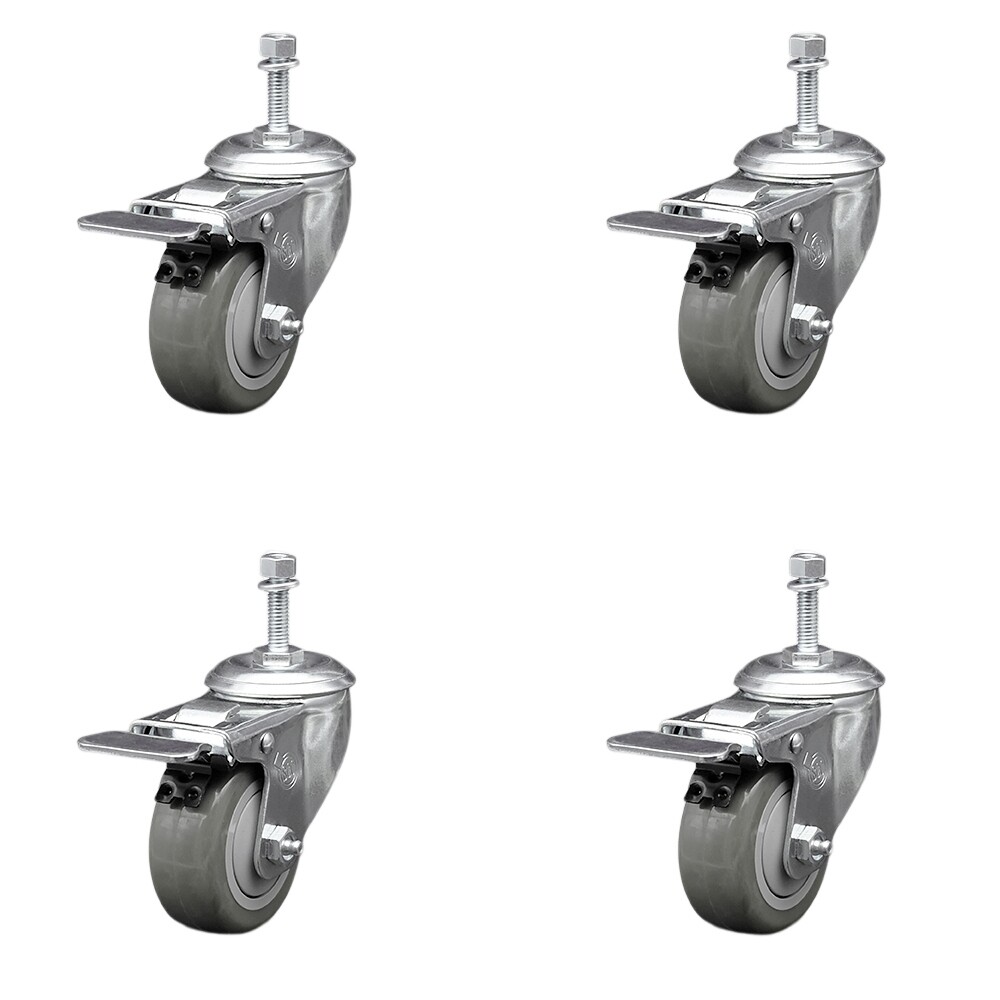 3 Inch SS Gray Polyurethane 10mm Threaded Stem Caster Set Total Lock Brake