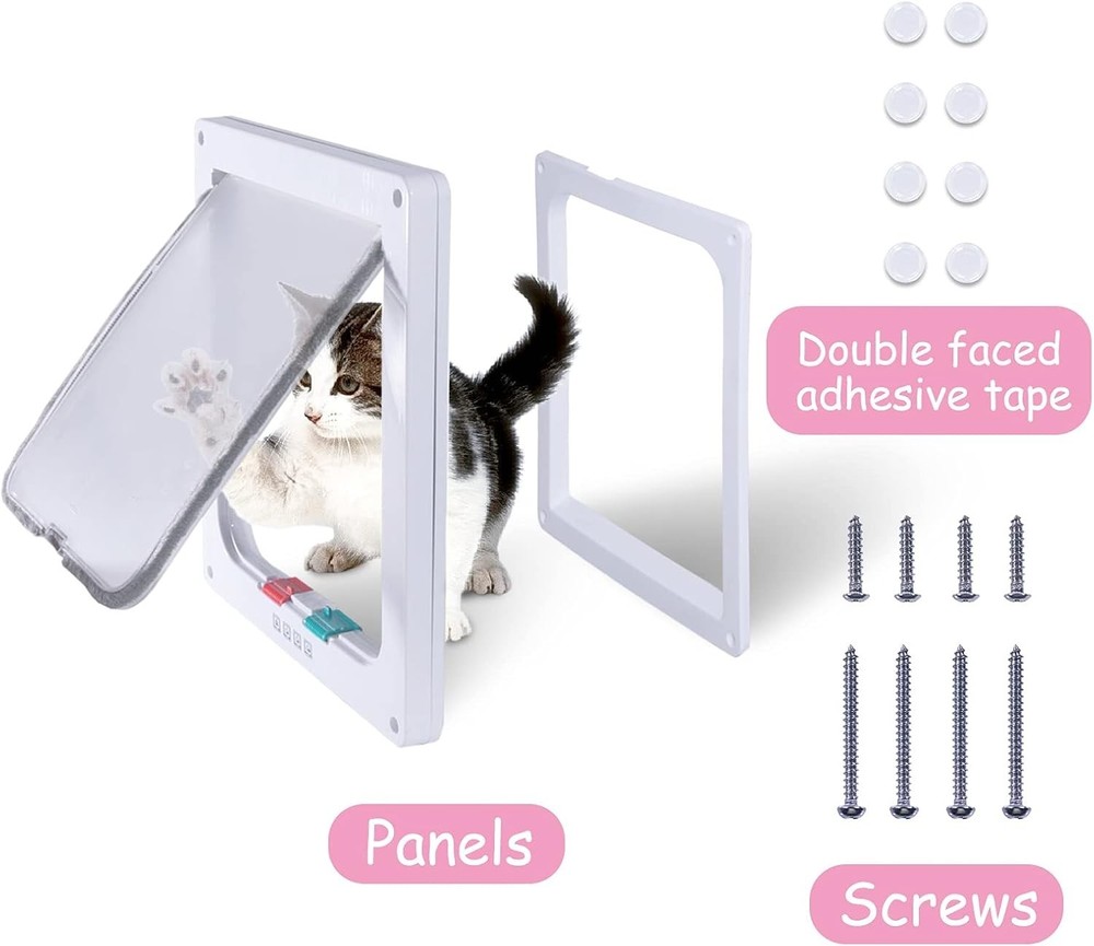 Compact 4-Way Locking Medium Cat Door Flap 7.5” x 7.8” - Easy Installation