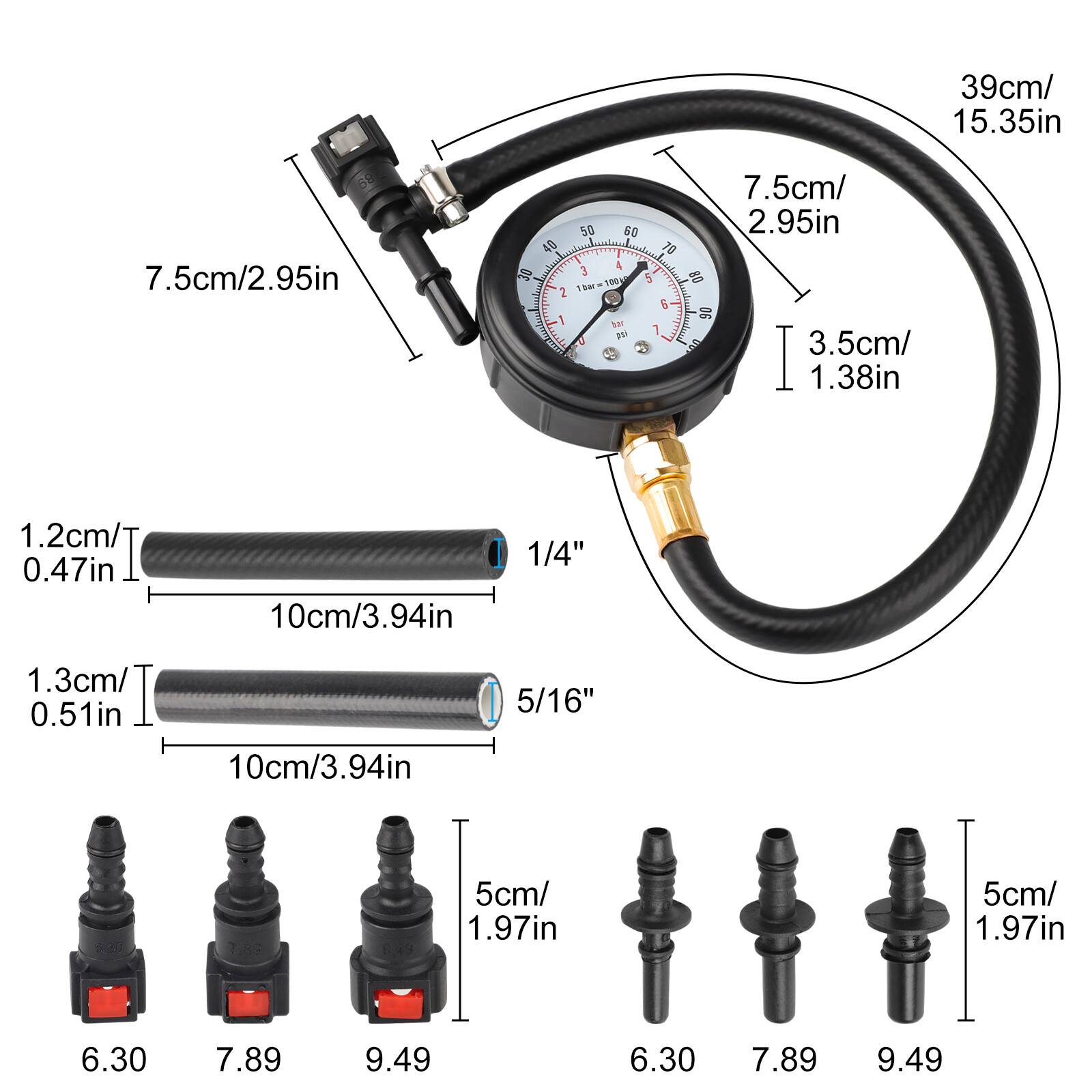 100PSI Fuel Injection Pressure Tester Gauge with 3 Quick Connectors Set for Cars