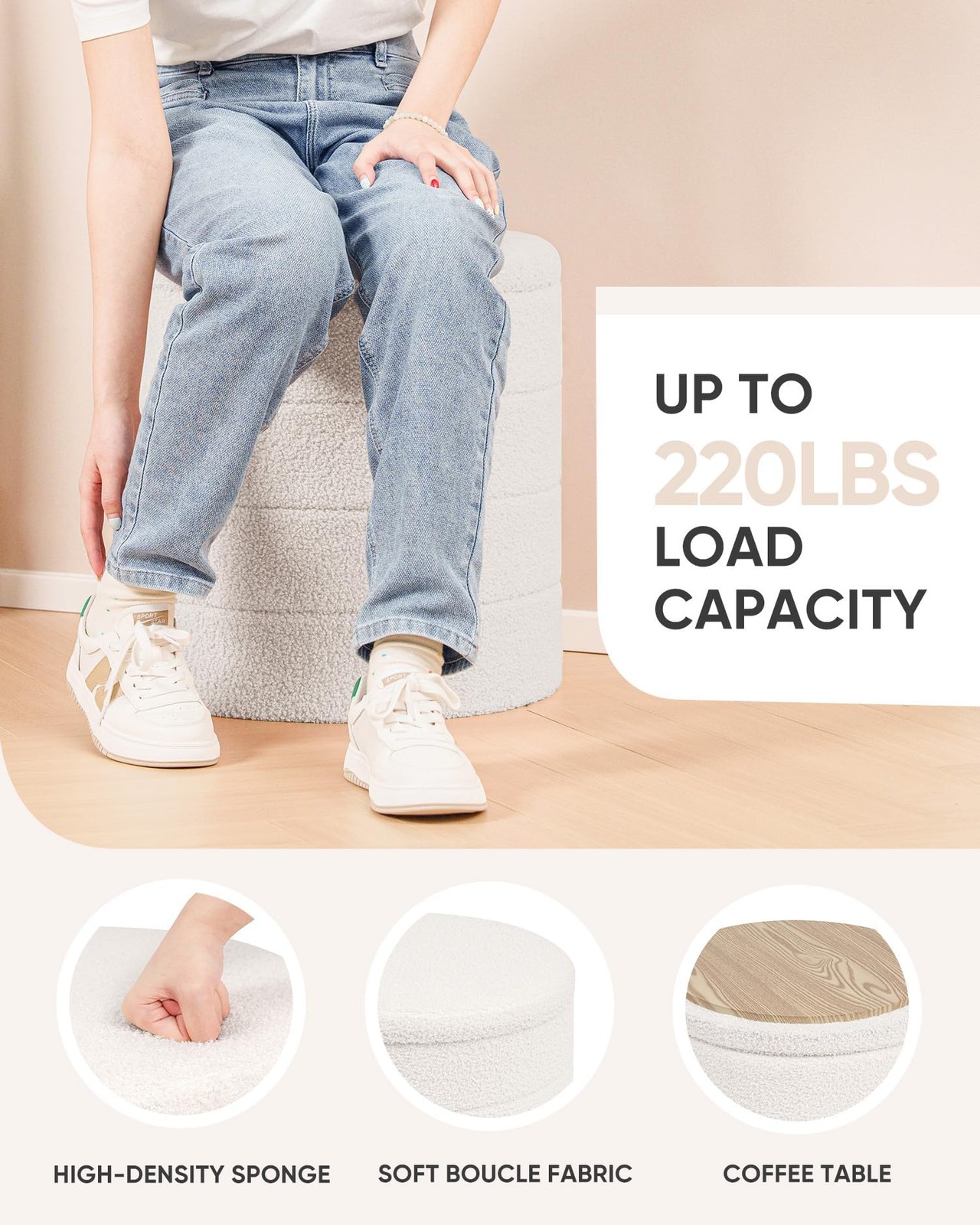 Ottoman with Stroage, Round Sherpa Storage Ottoman Stool, Boucle Foot Rest 16...