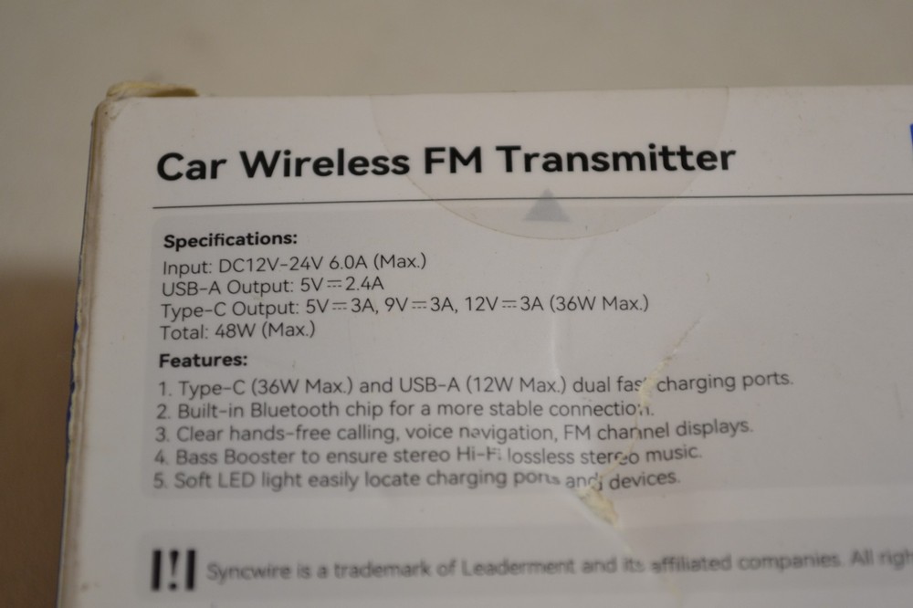 SYNCWIRE Car Wireless FM Transmitter Model: SW-XC725 BLACK