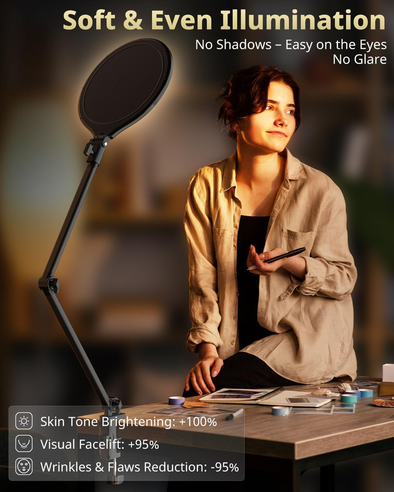 10" Key Light for Streaming, Desk Ring Light with Adjustable Arm, Zoom Lighting