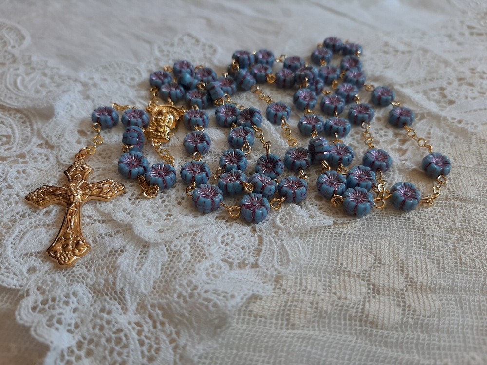 La Petit Opaque Blue Czech Crystal Flower Rosary