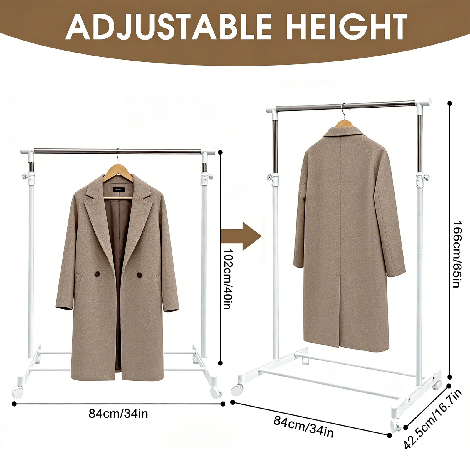 Clothing Rack with Wheels, Adjustable Height Rolling Garment Rack, Rolling Cloth