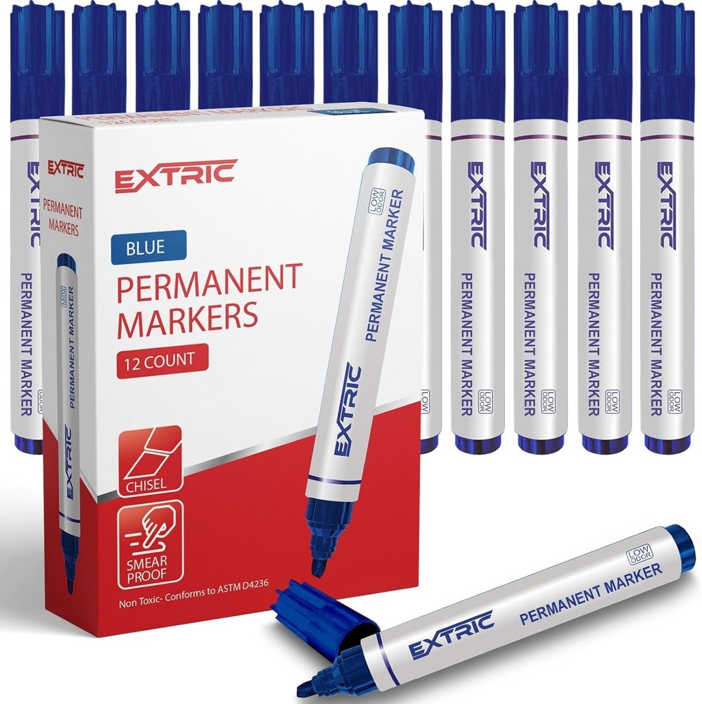 EXTRIC Permanent Markers Black Chisel Tip 12 Pack Quick Dry Ink Multi-Surface