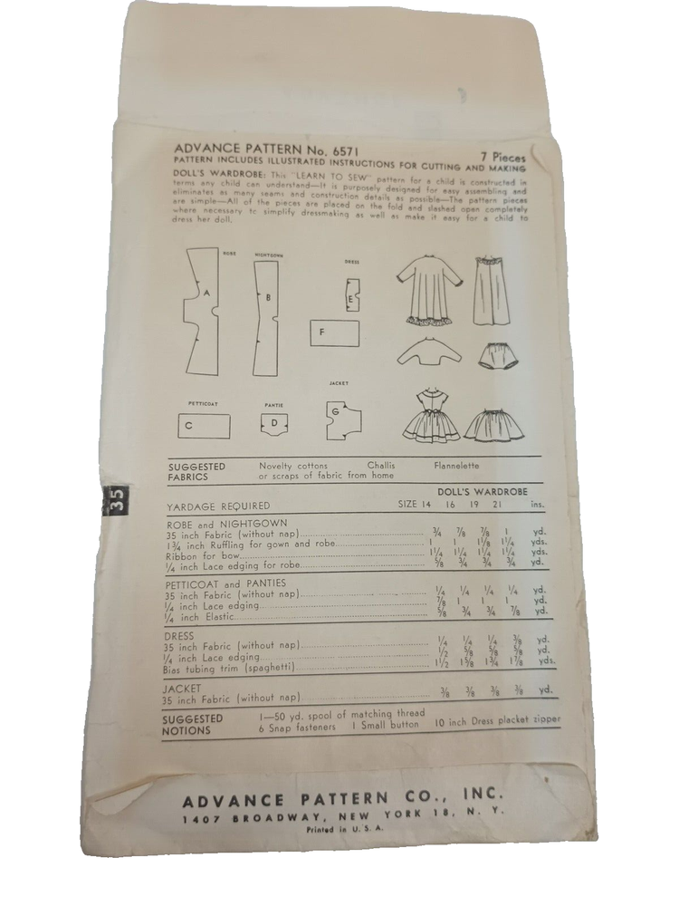 Advance 6571 Doll 19 Inch Unprinted Sewing Pattern Complete with Instructions
