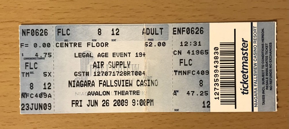 2009 AIR SUPPLY NIAGARA FALLS NY CONCERT TICKET STUB