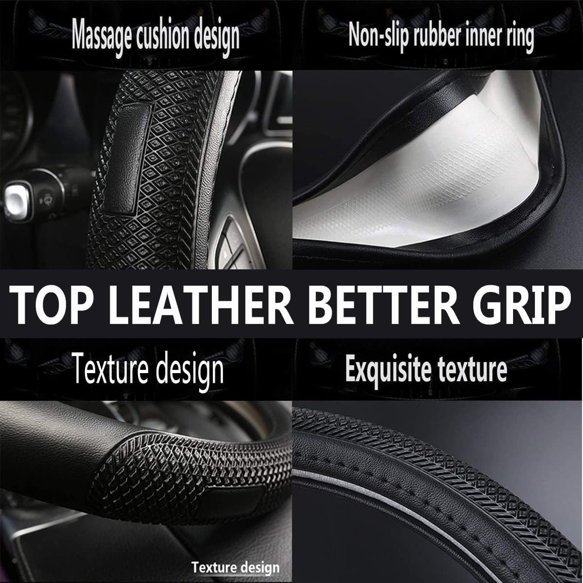 D Shape Steering Wheel Cover,Universal 14.5-15 Inch Car Black Leather Steering W