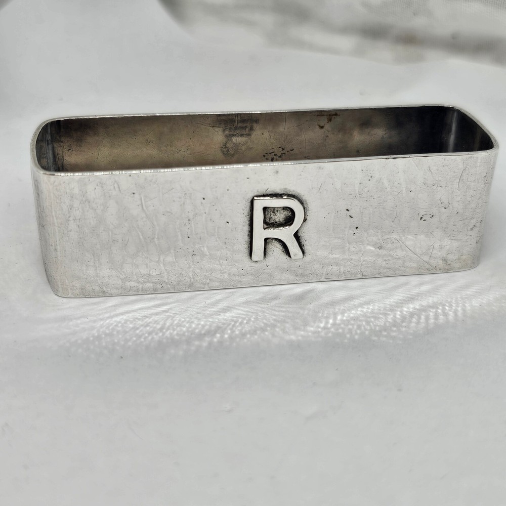 ANTIQUE LEBOLT LARGE HAND HAMMERED STERLING SILVER RECTANGULAR NAPKIN RING,R