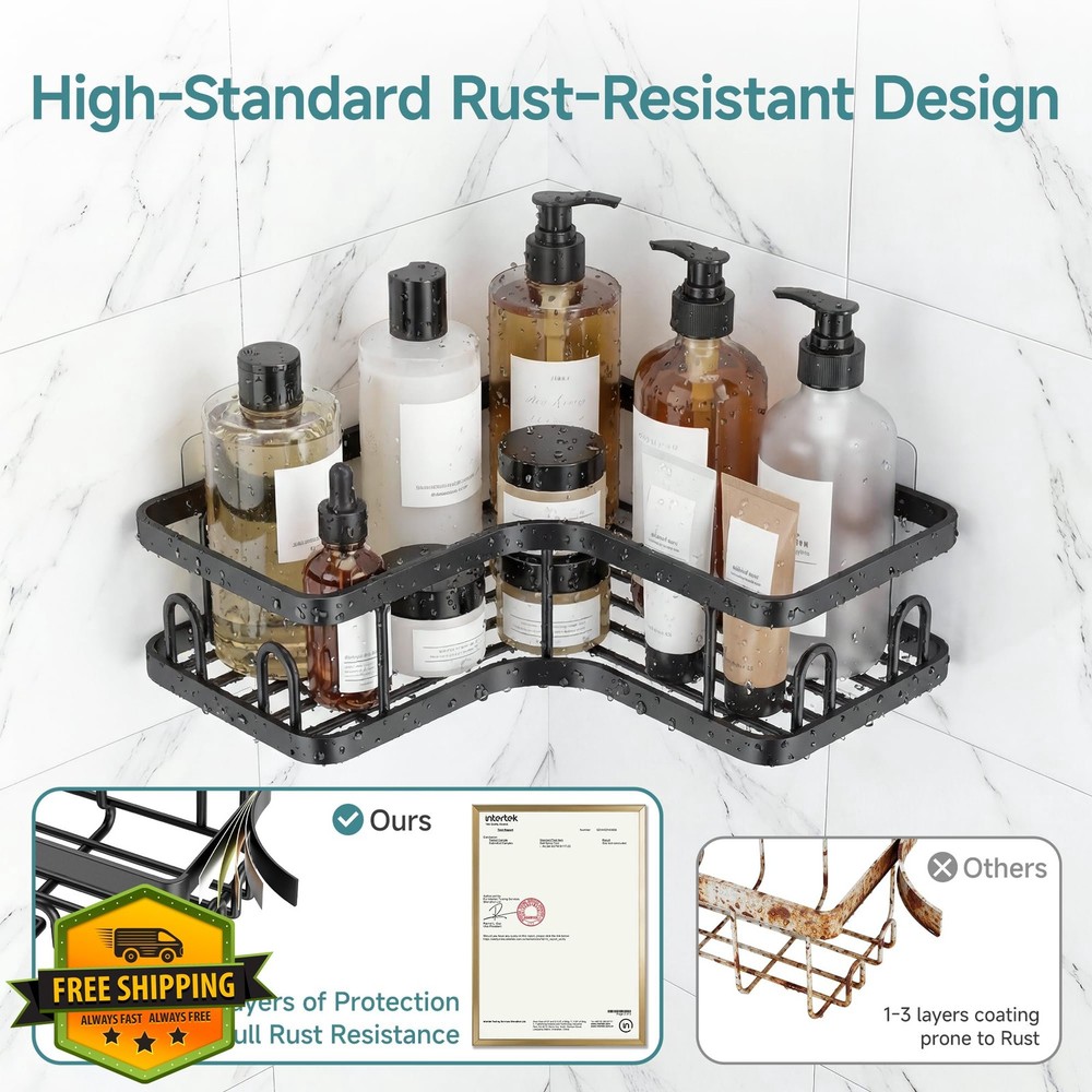 Veken 3-Pack Black Adhesive Shower Caddy Corner No Drill Rustproof