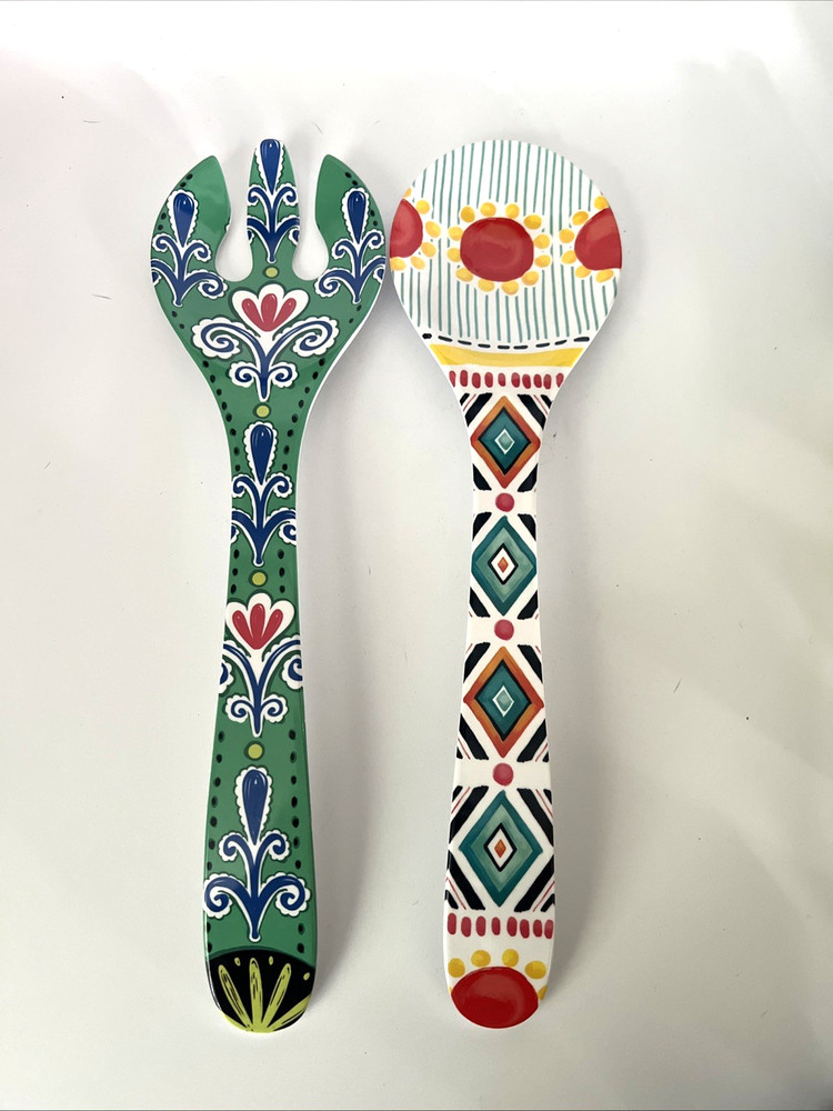 Pier 1 Melamine Salad Server Host Gift Fork & Spoon 2-pc Set Mixed Matched Fun !