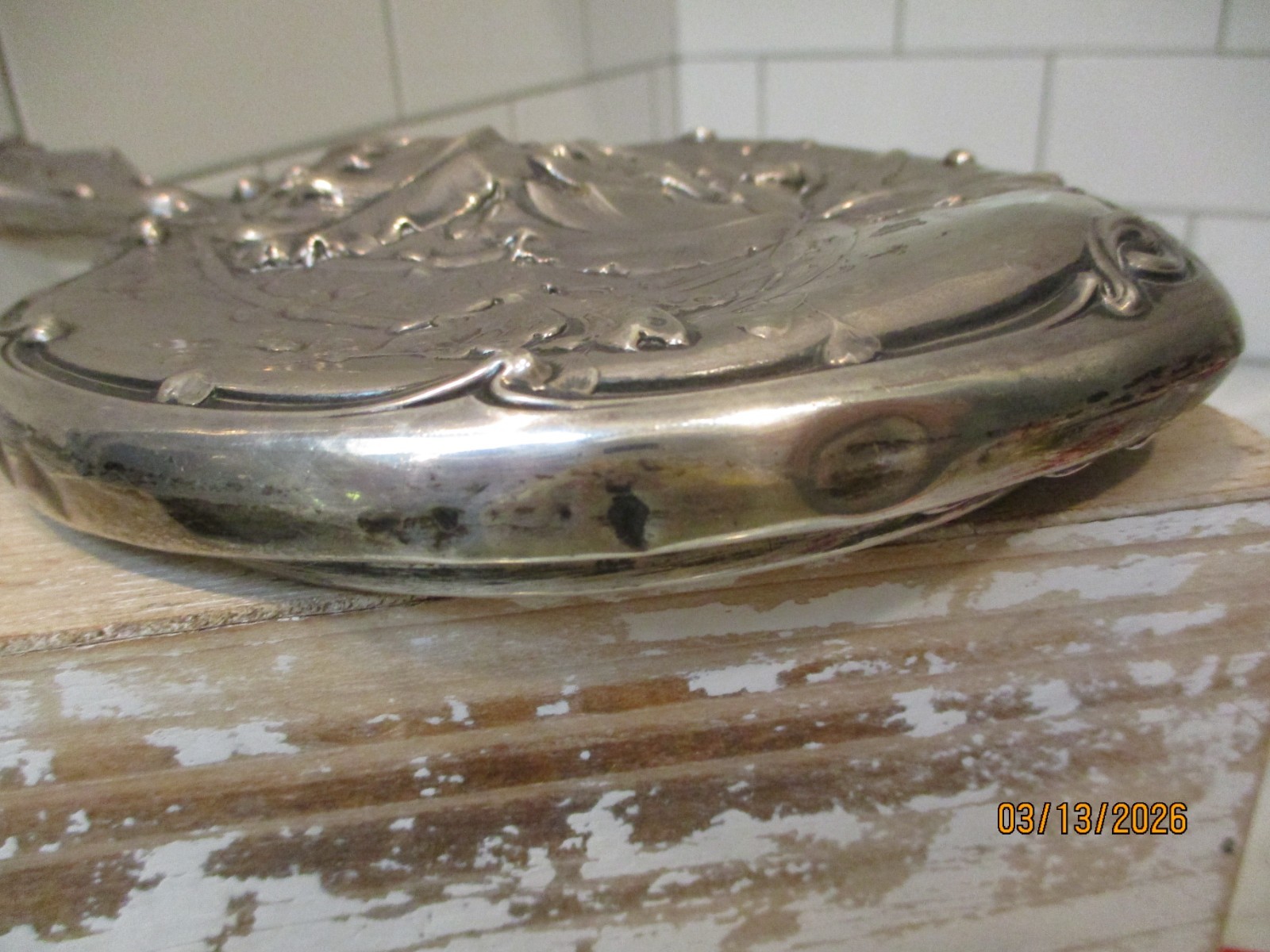 Antique Art Nouveau Sterling Silver Hand Mirror Embossed Flowers & Butterfly