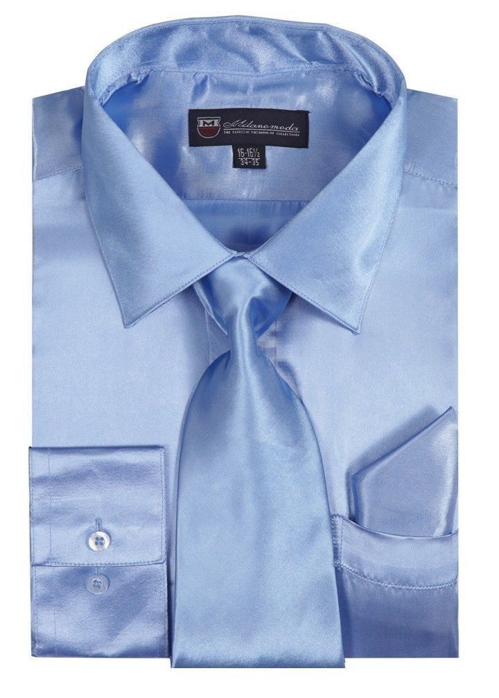 Men's Satin Polyester Formal Dress Shirt Tie Hanky Set #08