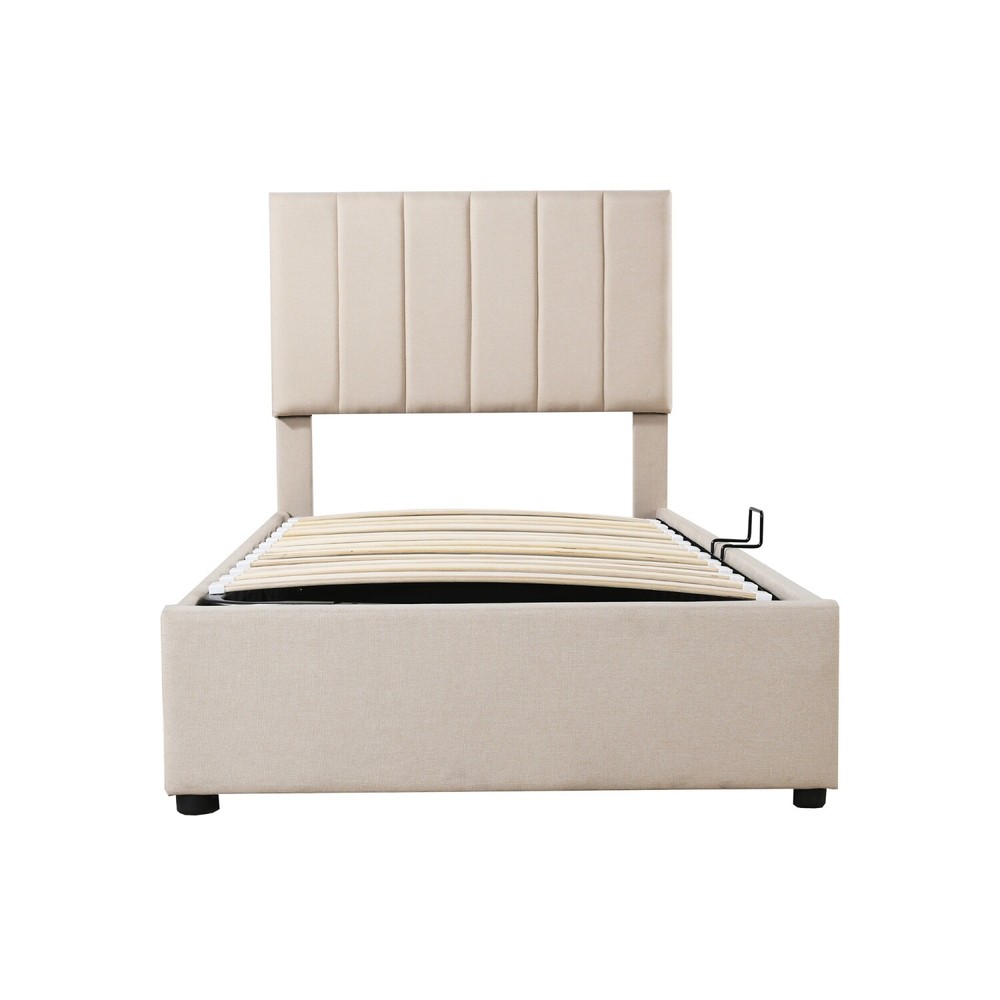 Twin Size Linen Upholstered Platform Bed with Hydraulic Storage System Beige