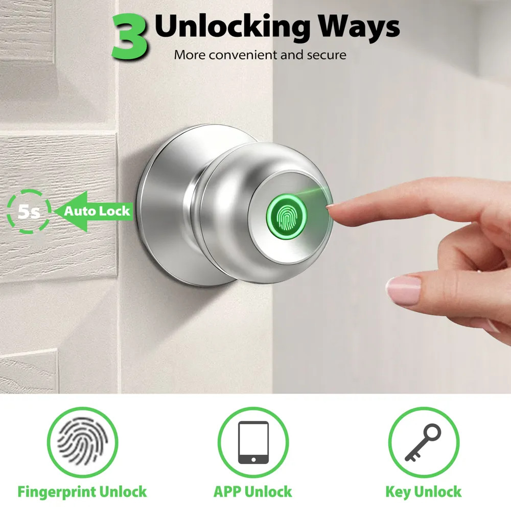 Biometric Fingerprint Door Lock Keyless Entry Smart Door Knob w/ App Control