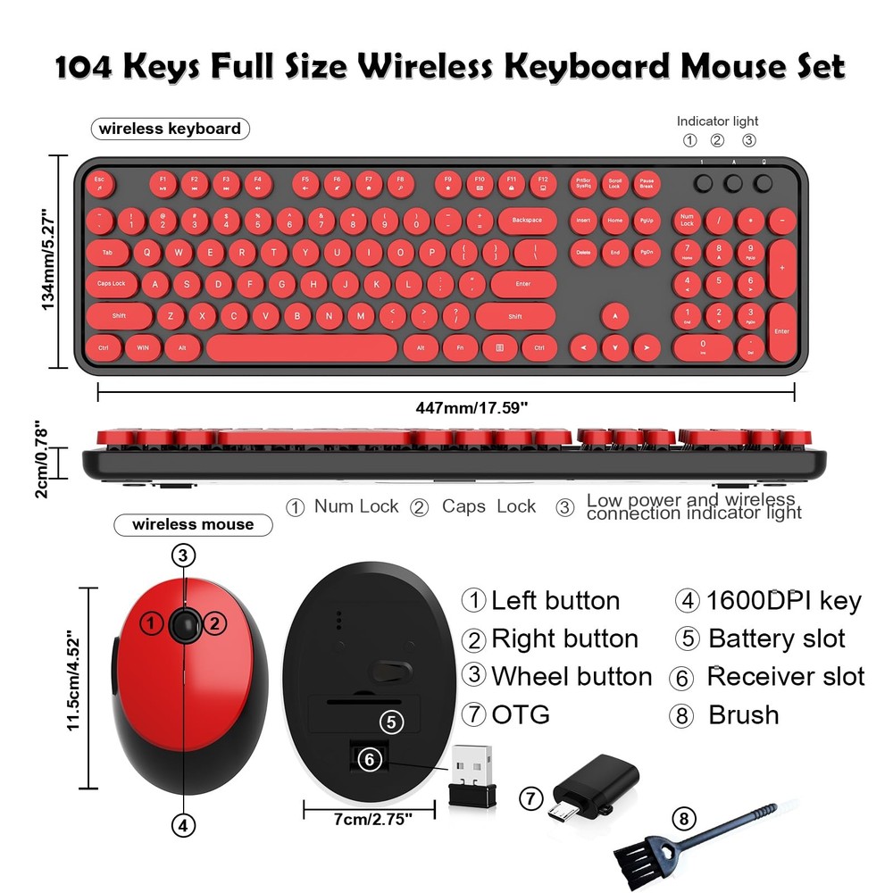 Wireless Keyboard, Mouse, Retro Typewriter, Round Keycaps, Black, Red, Full-Size
