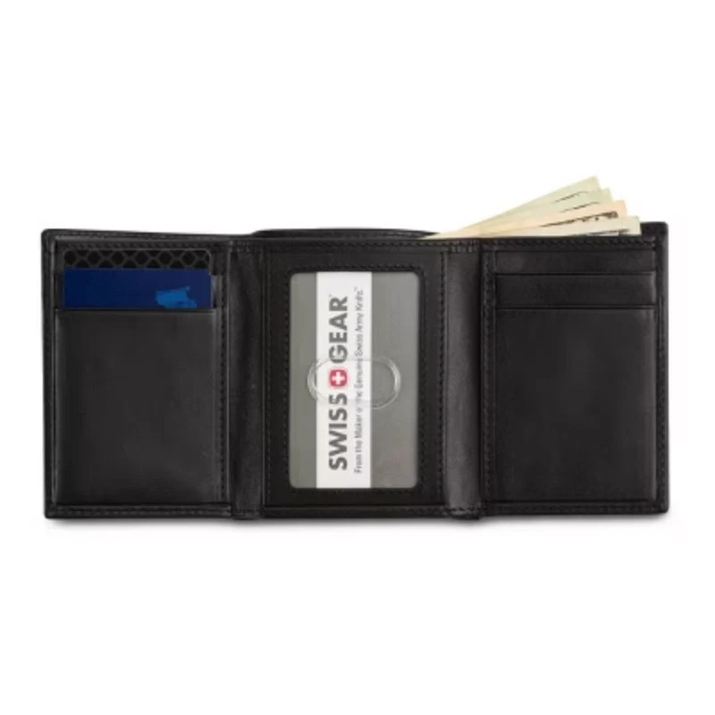 SWISSGEAR Trifold Wallet - Black Leather RFID Blocking Solid Pattern New