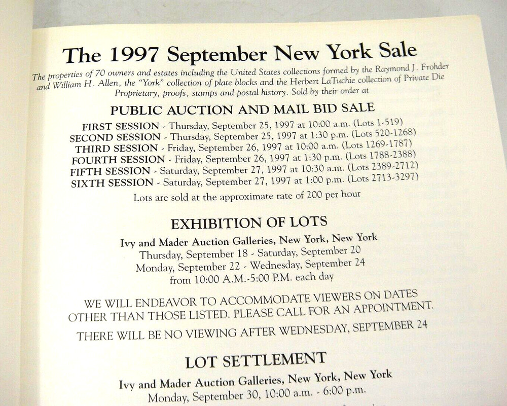 Ivy Mader Stamp Auction Catalog September 1997 York Plate Block Collection