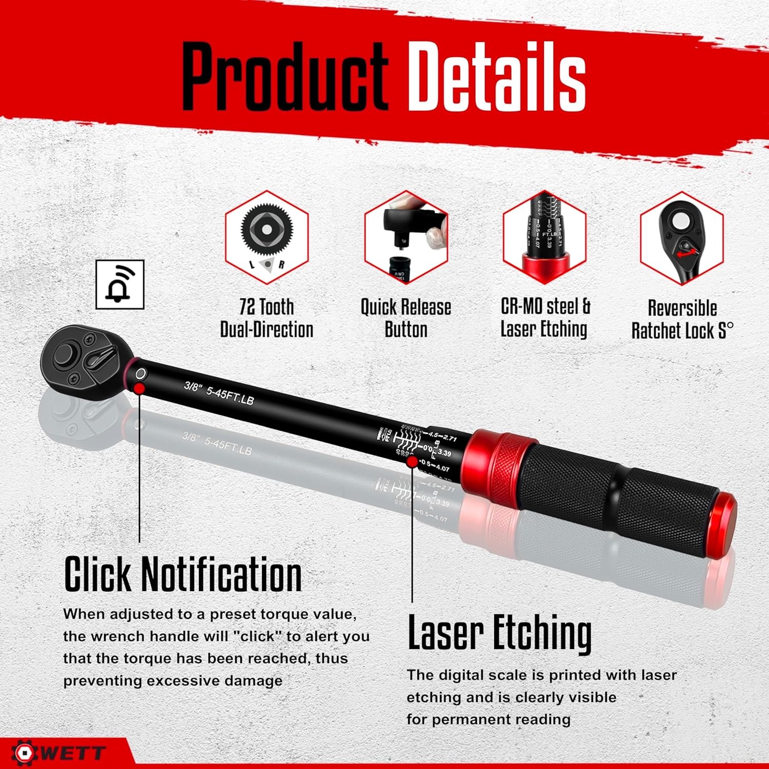 11Pcs Torque Wrench Set, 1/4'' & 3/8'' & 1/2'' Drive Click Torque Wrench, with