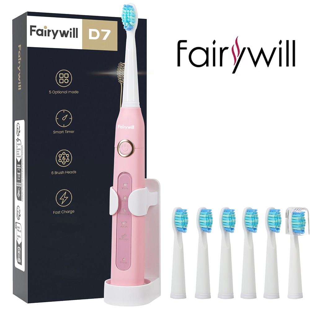 Fairywill Sonic Electric Toothbrush USB Rechargeable 5 Modes 6 Brush Heads Timer
