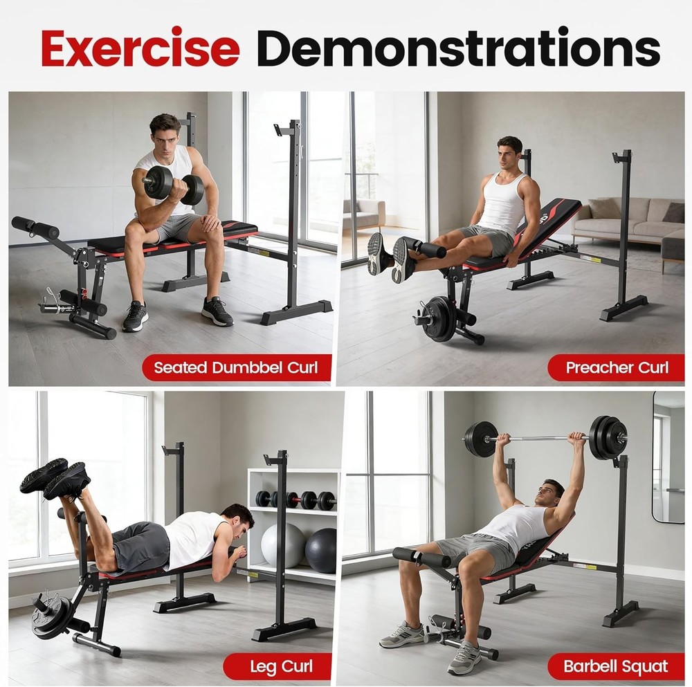 Adjustable Weight Bench Set With Removable Rowing Leg Catch, 600LBS Foldable ...