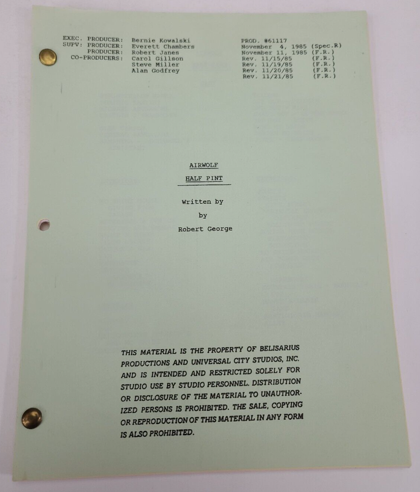 AIRWOLF / Robert George 1985 TV Script, Jan-Michael Vincent "Half Pint"