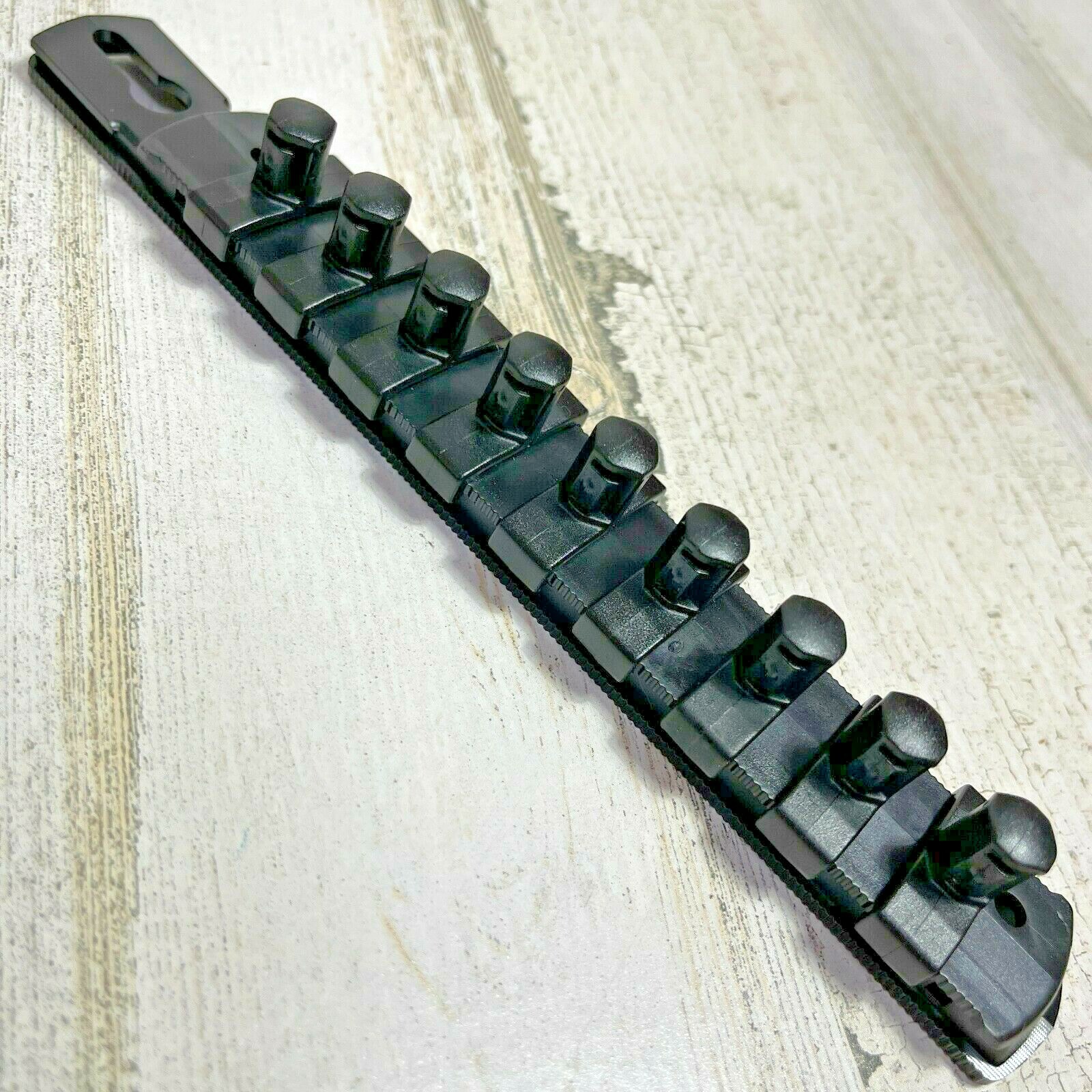 Ernst 3/8" Drive 8" Socket Organizer Rail with 9 Twist Lock Clips - Black